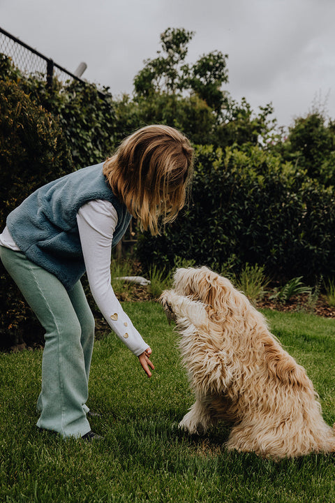 kind speelt met hond en geeft poot